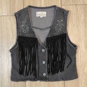 Austin Landing Fringe Denim Vest Western Boho Gray Women’s Small